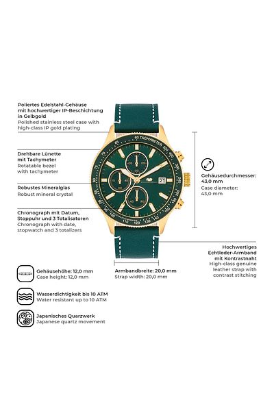 Rhodenwald & Söhne Chronograph Herren Chronograph gelbgold Echtleder grün