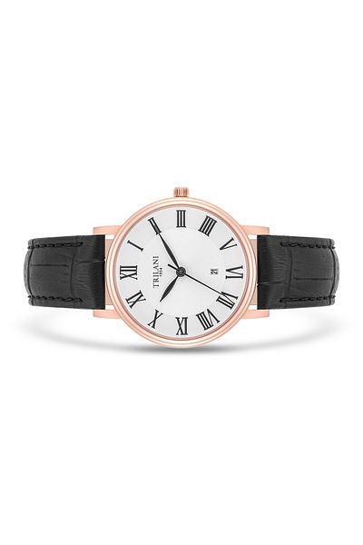 Trilani Quarzuhr Damen Quarzuhr roségold Echtleder schwarz