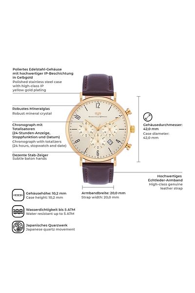 Rhodenwald & Söhne Chronograph Herren Chronograph gelbgold Echtleder braun