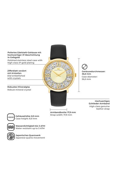 Rhodenwald & Söhne Quarzuhr Damen Quarzuhr gelbgold Echtleder schwarz