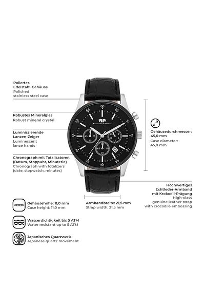 Rhodenwald & Söhne Chronograph Herren Chronograph silber/schwarz Echtleder schwarz