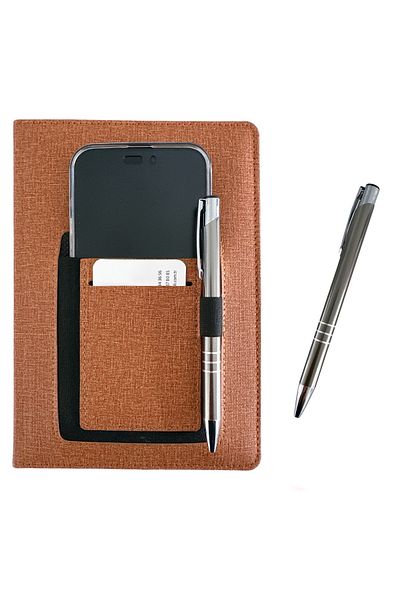 ORANLI PROMOSYON Thermo Leather Tan Notebook with Phone and Card Pocket Striped Undated Notebook with Pen Gift