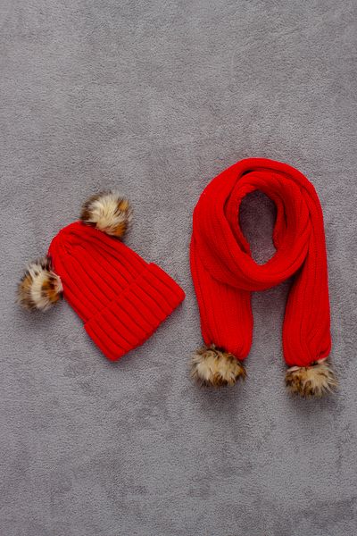 ADA BEBEK ÇOCUK Double Pompom Scarf Beret Set