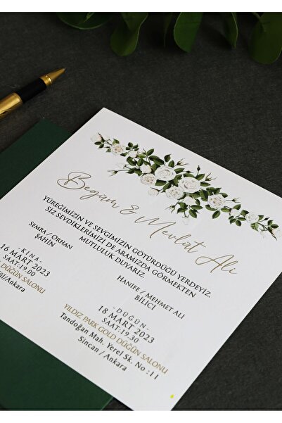 Pixel Davetiye Yeşil - 50 Adet Düğün Davetiye Altın Yaldızlı - Düğün - Nişan - Kına Sünnet Davetiyesi-8673