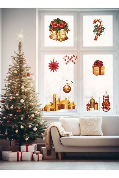 MAARS 9 Pieces Christmas Sticker Set with Bells, Candles, Candy Glass Wall Ornament, Christmas Decoration