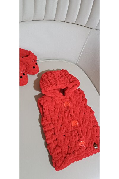 Moda Biçer Soft Hand Knitted 100% Organic Antiallergenic Hooded Baby Vest & Booties with Teddy Bear