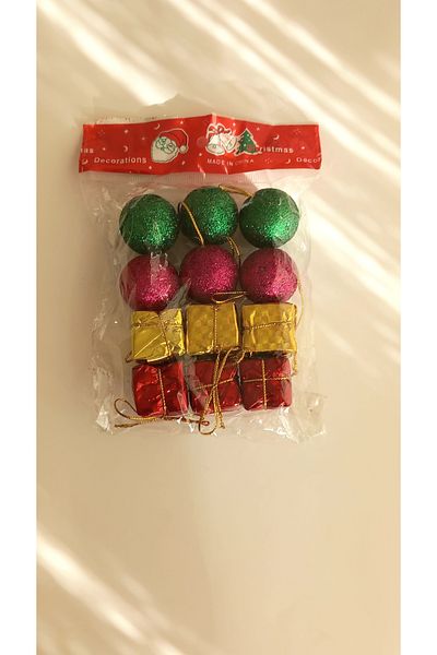 DM ONLINE Mixed 12-Piece Christmas Ornament Red Gold Gift Package Fuchsia Green Ball Pine Tree Ornament 3cm