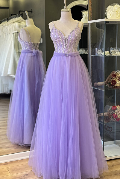 Lenta Moda Lila Dantel ve Kemer Detaylı Askılı Abiye ve Gece Elbisesi