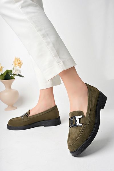 GNS Shoes Genuine Suede Leather Buckle Green Women's Shoes Loafer