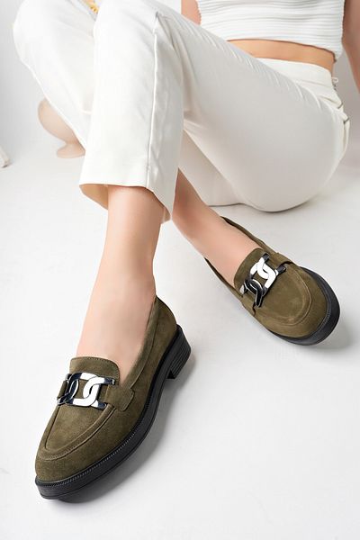 GNS Shoes Genuine Suede Leather Buckle Green Women's Shoes Loafer