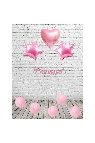 LOTUS PARTY Pink Color Birthday Party Set - Pink Heart Pink Star Pink Happy Birthday Text Pink Balloon