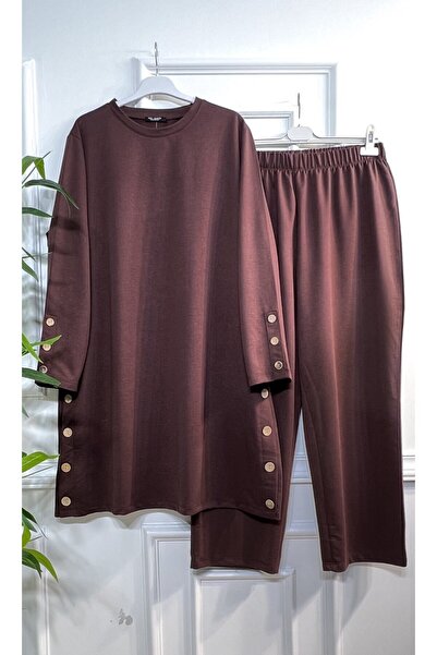 Aşkı Endam Plus Size Helen Button Detailed Two Thread Combed Cotton Set - Brown