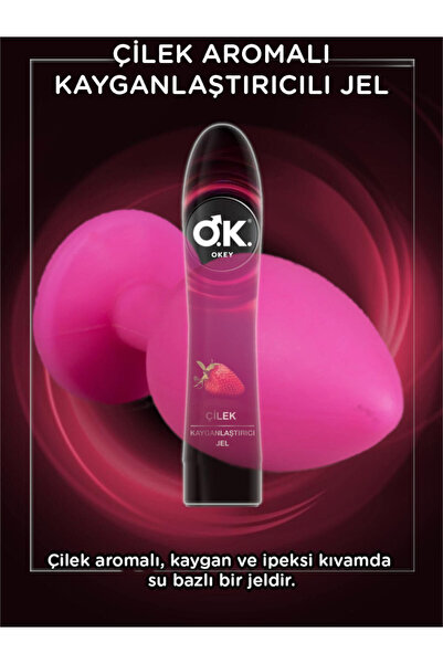 Okey Beyaz Taşlı 7 cm Pembe Anal Plug + Okey Kayganlaştırıcı Jel Çilek 100 ml