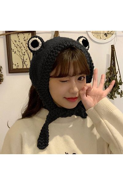 TRENDİN YOLU Black frog hat style Korean model long beret handmade