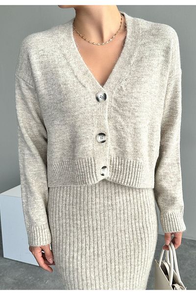 Laluvia Light Beige Corded Dress Cardigan Knitwear Suit