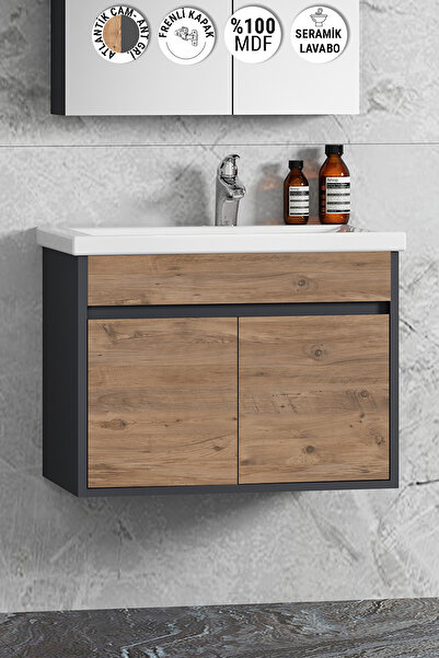 ÖZCEDEN Çiğdem 65 cm Antrasit Gri Mat-Atlantik Çam MDF Seramik Lavabolu Asma ...