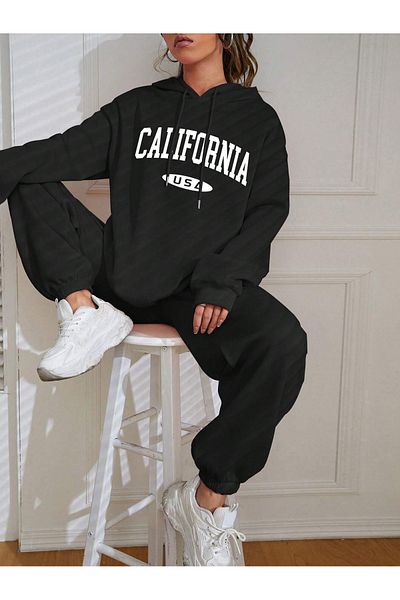 PALPİTO Дамски черен суитшърт с качулка и щампа California USA