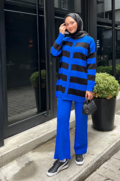 Rimel Moda Prive Çizgili Triko Takım Saks