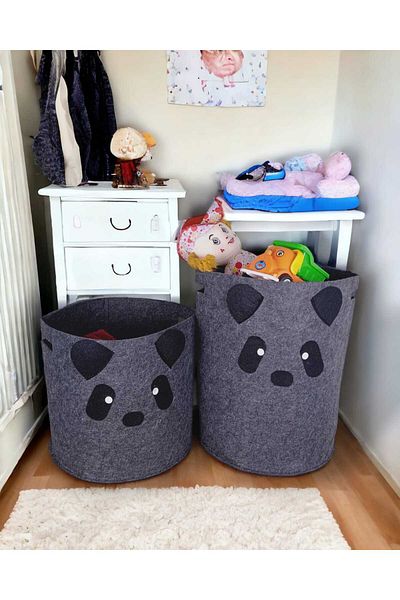 CimriKese 2-Piece Dark Gray Panda Patterned Children's Toy and Laundry Basket - Decorative and Organizer