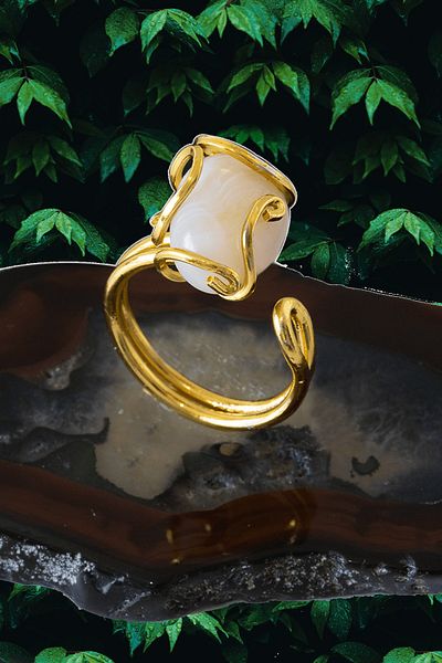 Tesbih Atölyesi Certified Rococo Model White Agate Stone Ring - Adjustable