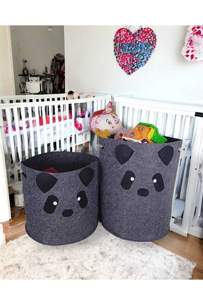 CimriKese 2-Piece Dark Gray Panda Patterned Children's Toy and Laundry Basket - Decorative and Organizer