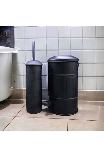 LUCKYHOMES Coș de gunoi din metal de producție specială Set WC perie WC Negru 5 LT