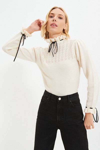 SARİTA MODA Women's Knitwear Sweater with Collar and Sleeve Tie Detail