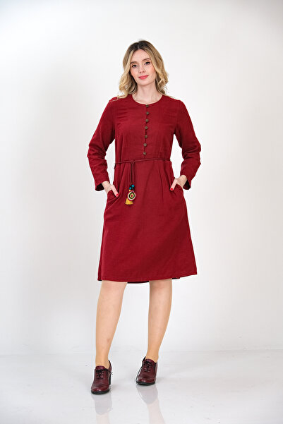 İna Düz Pazen'den Önü Düğmeli Bordo Kışlık Elbise
