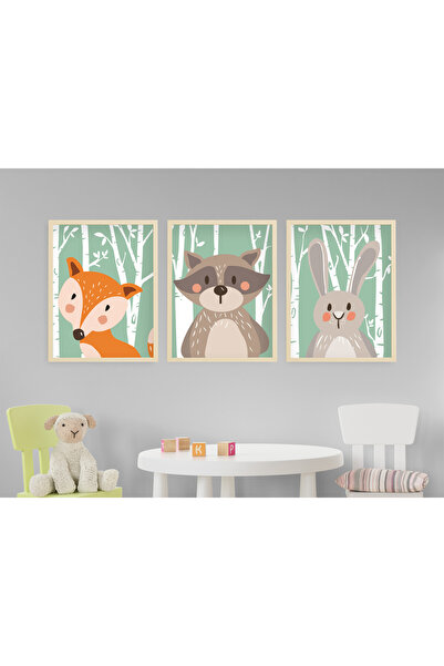 Ya&mu 3 Adet 33 X 44cm Büyük Boy Ahşap Çerçeveli Bebek, Çocuk Odası duvar tab...