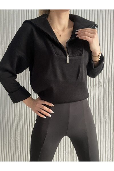 My love butik Tricotaj cu fermoar Pulover negru
