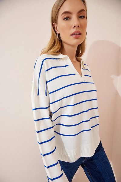 BEŞİR GİYİM Women's Dark Blue-ecru Striped Polo Neck Knitwear Sweater