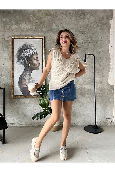 KNİTİCAL TEKSTİL Knitical Textile Women's Soft Textured Square Collar Knitwear Sweater - Vest
