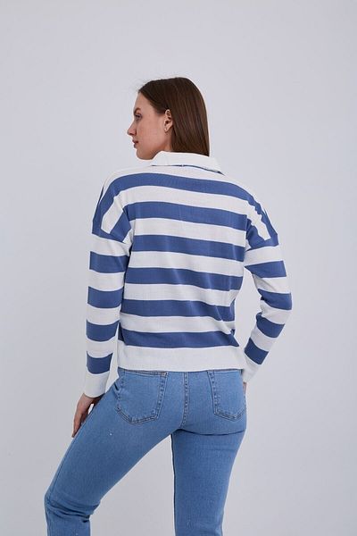 BEŞİR GİYİM Pulover de damă albastru cu gât polo cu dungi albastre indigo