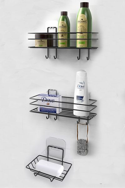 KARTEYA 3-Piece Bathroom Set Adhesive Stainless Bathroom Soap Dish Shower Cabin Shelf Shampoo Holder Bathroom Organizer Set