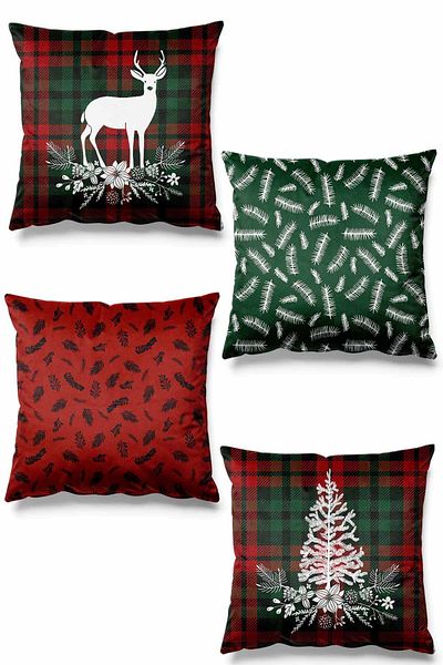 Pilloveland Double Sided Printed Deer Patterned 4-Piece Suede Throw Pillow Cover New Year - Christmas