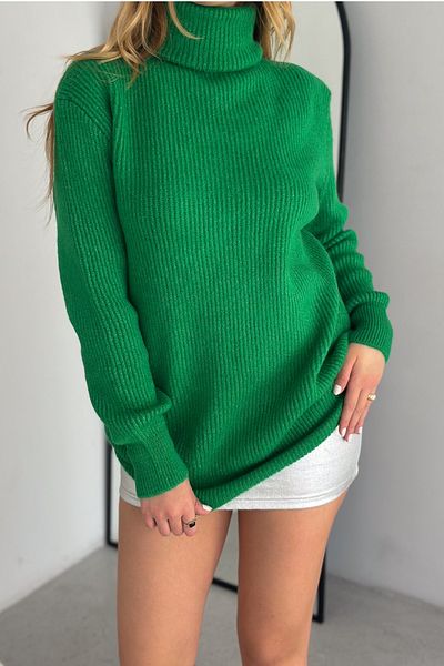 FEMELLE Pulover tunică de damă, verde deschis, mărime standard, cu gât roscat Fisherman Basic Tricotaj largi