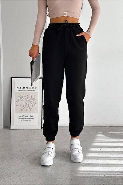 Shine Stone Pantaloni de sport negri cu elastic în talie și picior