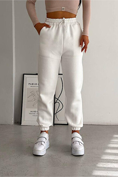 Shine Stone Λευκό αθλητικό παντελόνι με ελαστική μέση και πόδια