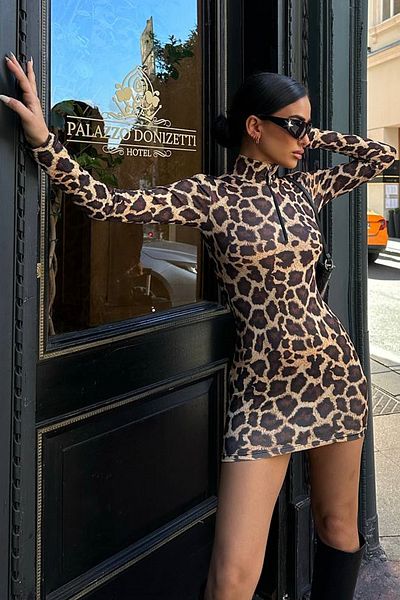 lovebox Rochie mini cu imprimeu leopard pentru femei, elastică, cu fermoar utilizabil, cu două fețe, 2103