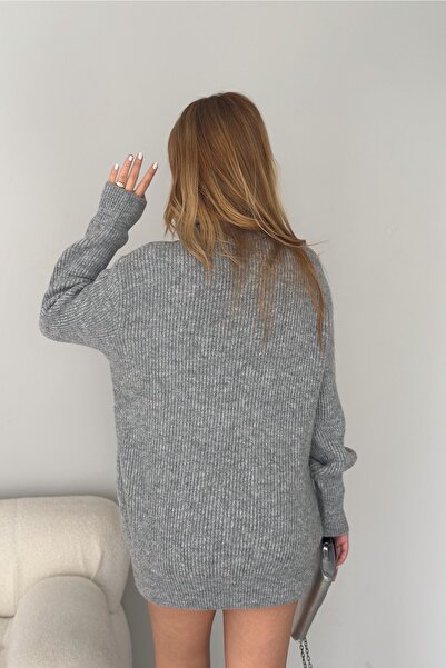 FEMELLE Women's Gray Standard Size Turtleneck Fisherman Basic Loose Knitwear Tunic Sweater