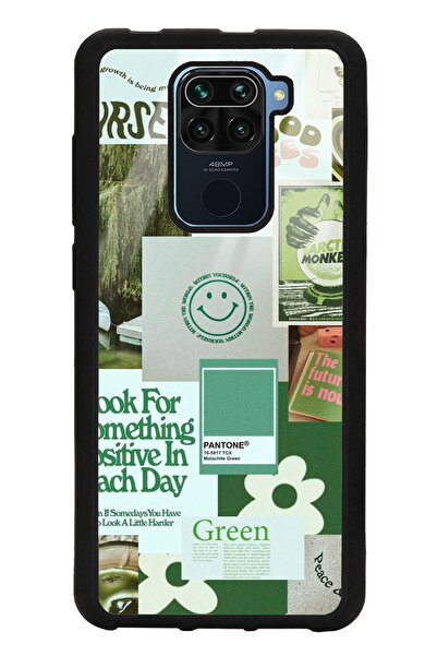 Spoyi Xiaomi Redmi Note 9 Green Sticker Tasarımlı Glossy Telefon Kılıfı