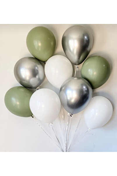 Çemrek Süs Parti مجموعة بالونات باللون الأخضر الفضي والأبيض 15 قطعة بالونات م...