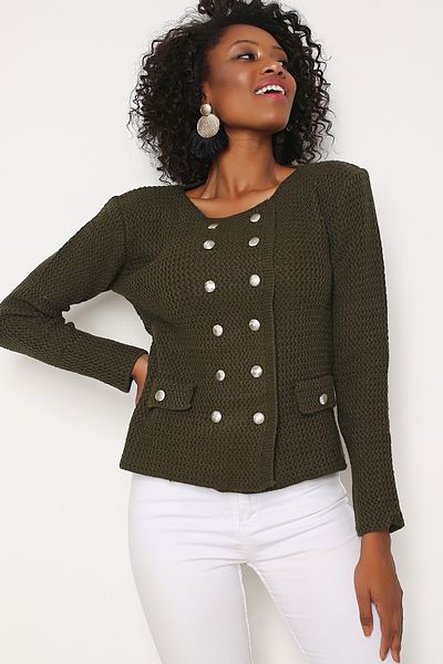 AVORWE Zigzag Knitted Short Jacket Knitwear Cardigan with Metal Button Accessories