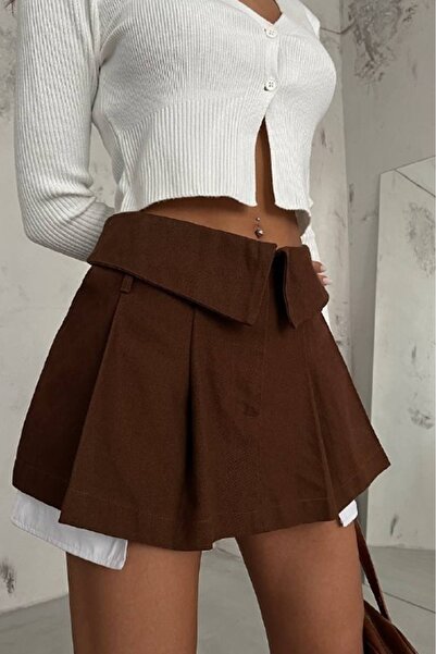 lovebox Γυναικεία Πλισέ Μίνι Καφέ Φούστα με Πτυσσόμενη Μέση 23W02013