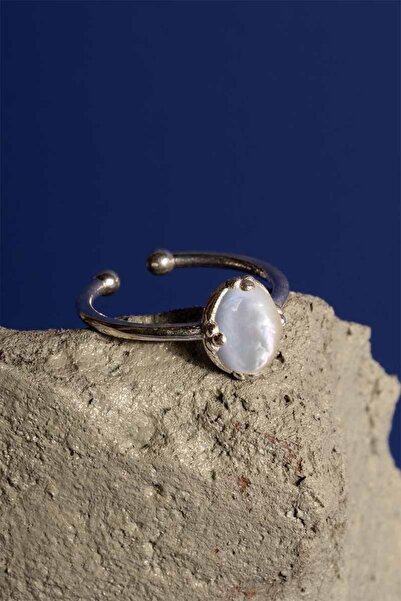 Takıdepo Sedef Taşlı Minimal Gümüş Ayarlanabilir Kadın Yüzük-gümüş Rengi