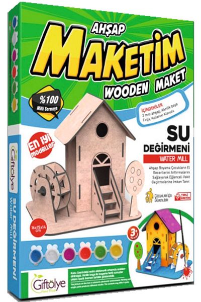 Giftölye Wooden Water Mill Painting Model Set (Maket+Paint+Brush)