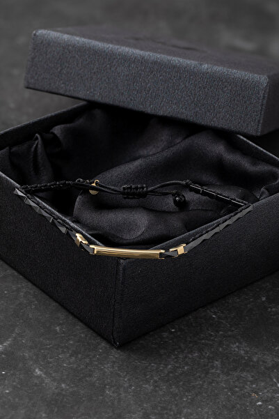 Cenova Jewelry 14 Ayar Altın Bar Detaylı Siyah Seramik Erkek Bileklik (2 MM)