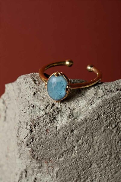 Takıdepo Akuamarin Taşlı Minimal Gümüş Ayarlanabilir Kadın Yüzük-altın Rengi