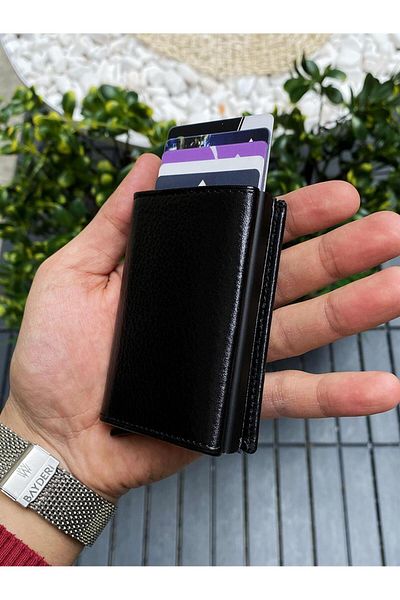 BAYDERİ Valde Genuine Leather Mechanical Card Holder Wallet Matte Black