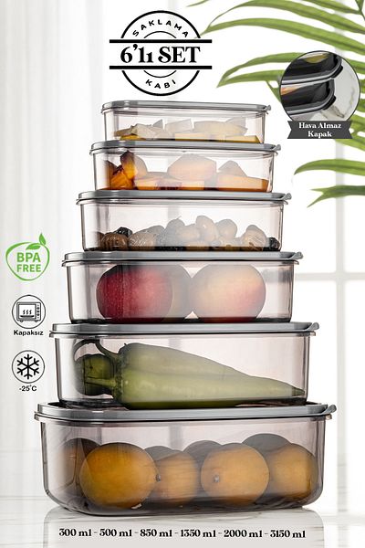 Meleni Home Set of 6 Rectangular Sweet Transparent Storage Containers - Platinum Series